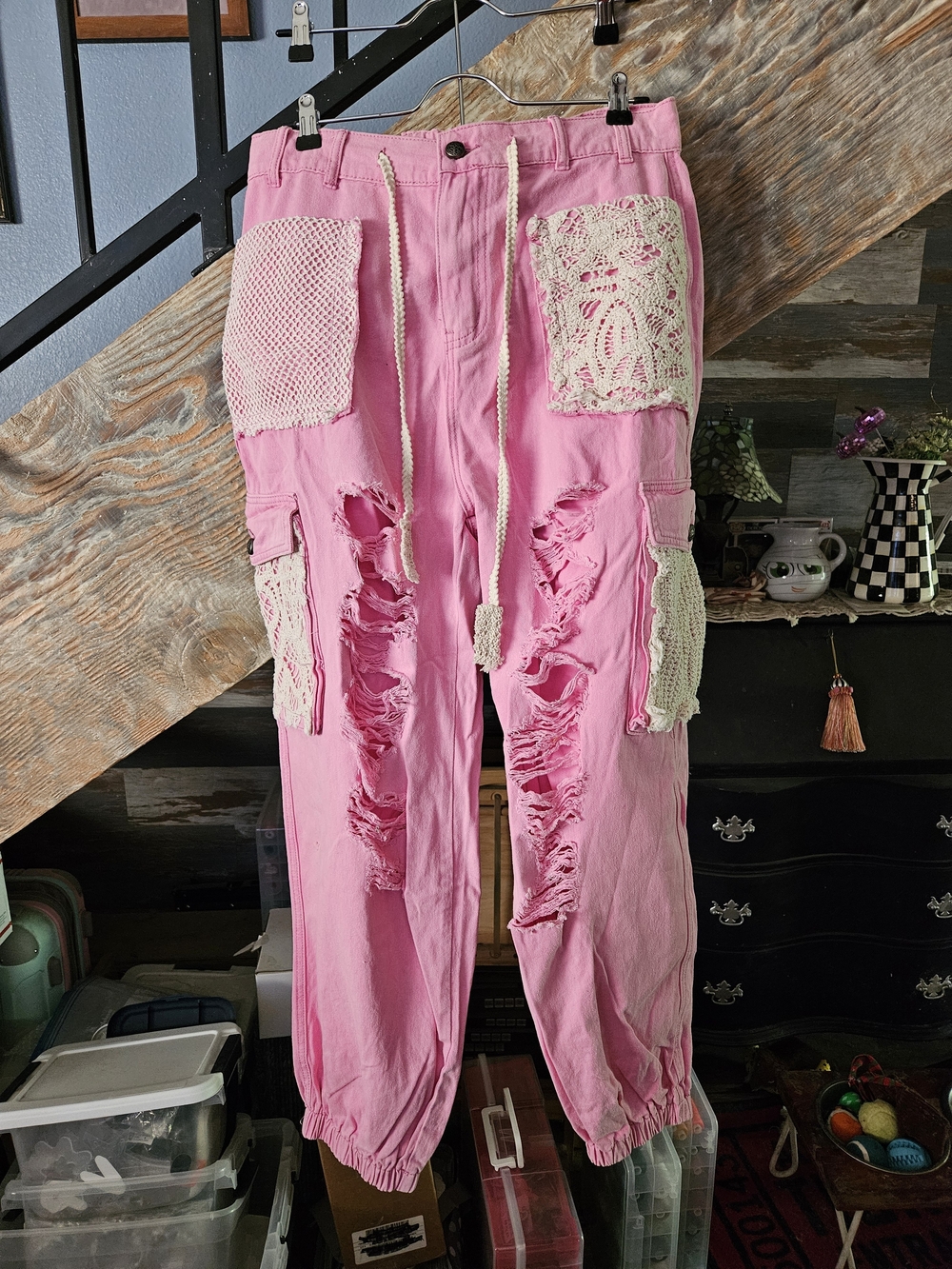 Pink Distressed Cargo Pants with Crochet Patches